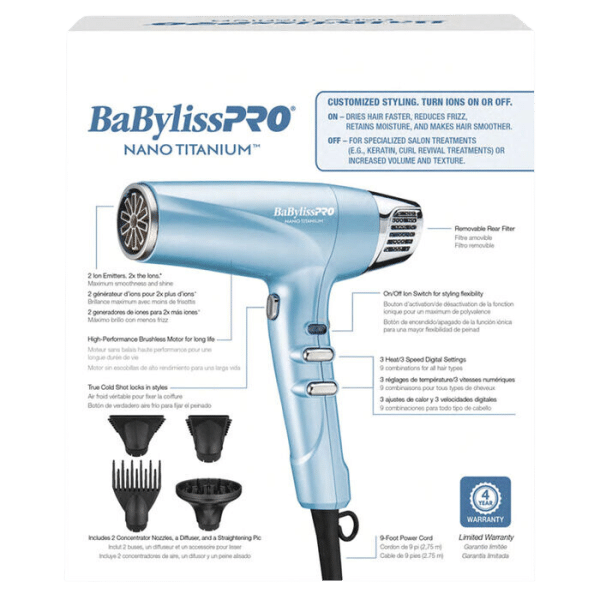 BabylissPro Nano Titanium High Speed Dual Ionic Dryer #BNT9100 Package Back