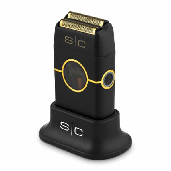 StyleCraft Instinct Shaver Black #SC807B - on Charging Stand Angled