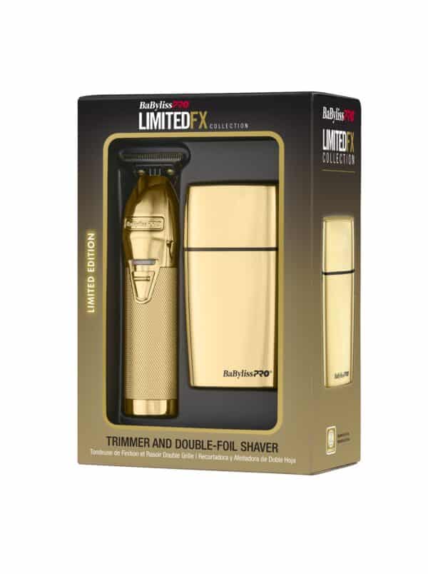 BabylissPro Limited Edition Gold Trimmer and Double Foil Shaver Value Pack #FXDUOFS2TG - Package angled 1