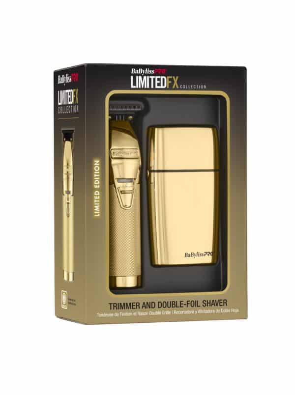 BabylissPro Limited Edition Gold Trimmer and Double Foil Shaver Value Pack #FXDUOFS2TG - package angled 2