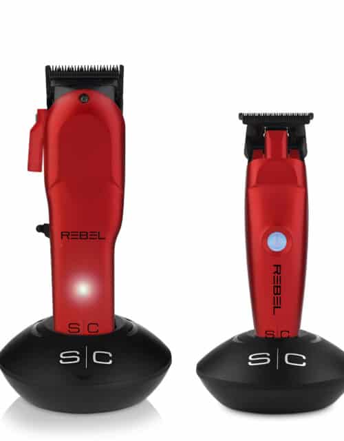 StyleCraft Rebel Clipper and Trimmer Combo (RED) #SC203R - Both on charging stand