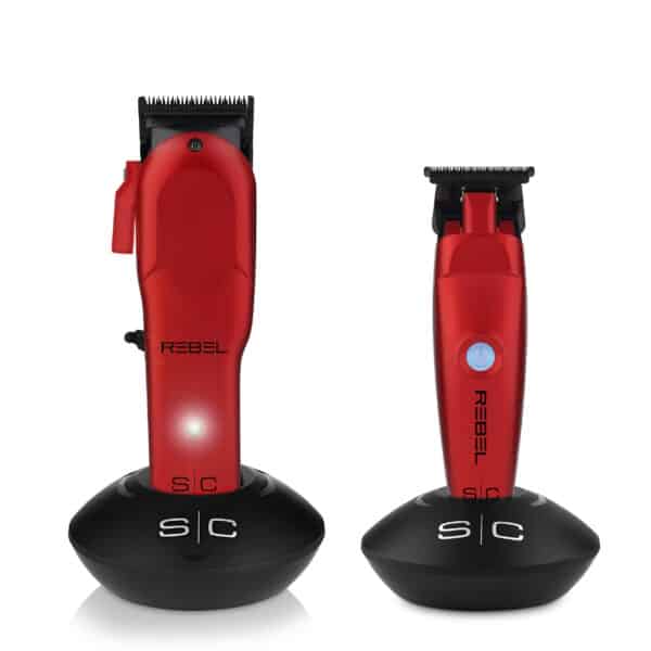 StyleCraft Rebel Clipper and Trimmer Combo (RED) #SC203R - Both on charging stand