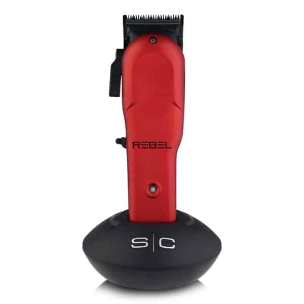 StyleCraft Rebel Clipper and Trimmer Combo (RED) #SC203R - Clipper on charging stand