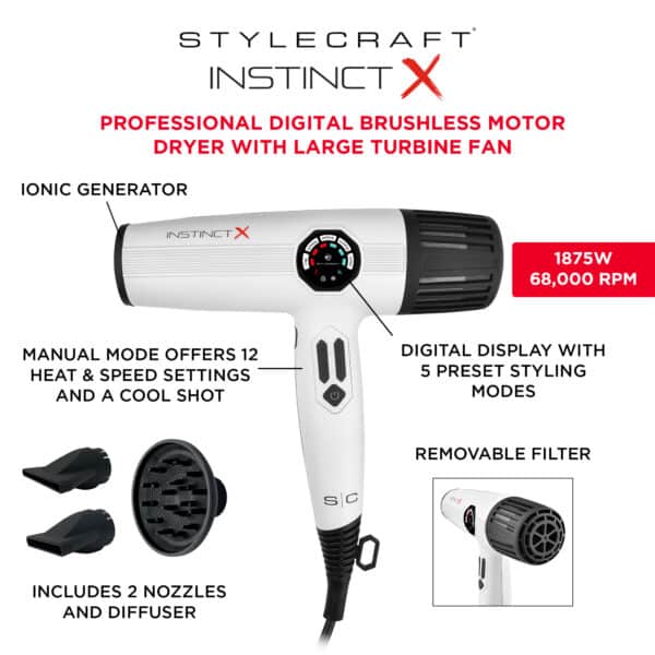 StyleCraft Instinct-X Hair Dryer - White #SC105B - Info