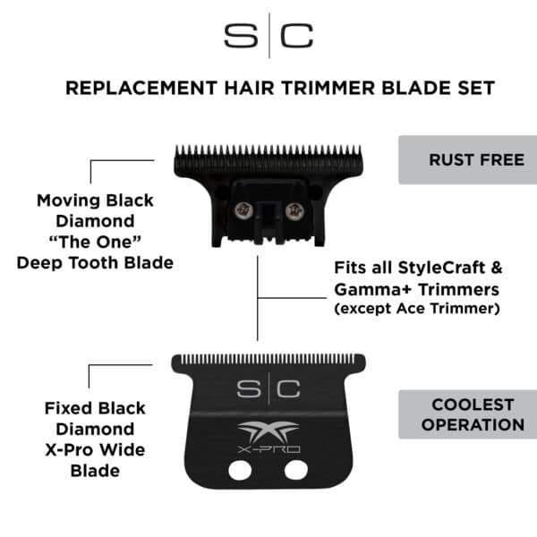 StyleCraft X-Pro Wide Black Diamond Fixed Blade with "The One" Cutter Trimmer Blade Set #SC536B - Info