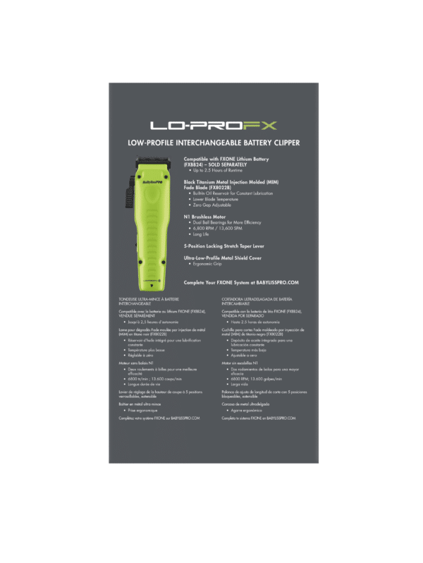 Babyliss FXOne Lo-ProFX Neon Yellow Clipper #FX829NYLT - Package Back