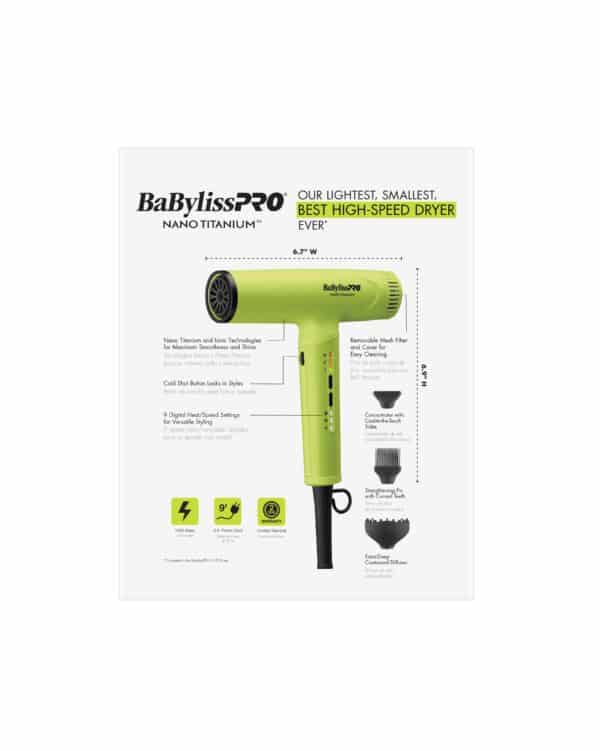 BabylissPro Nano Titanium Neon Yellow Light Ionic High Speed Dryer #BNTC9200NY - Package Back