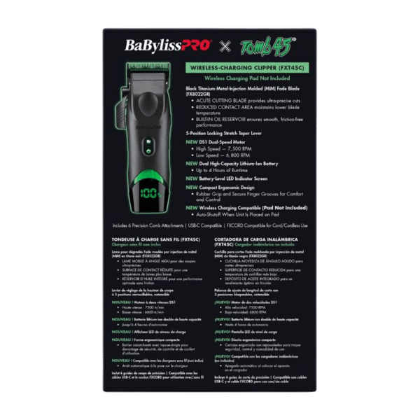 BabylissPro X Tomb45 Wireless Charging Clipper #FXT45C - Package Back